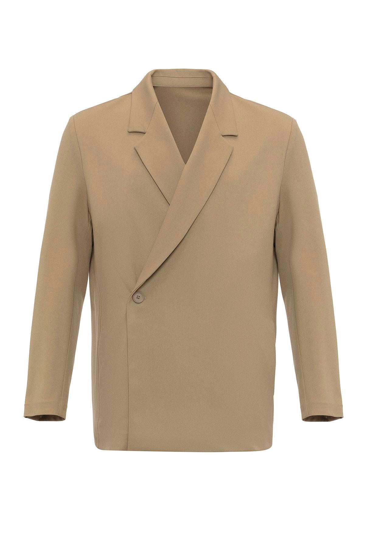 Men's Camel Double-Breasted Hidden Pocket Blazer
