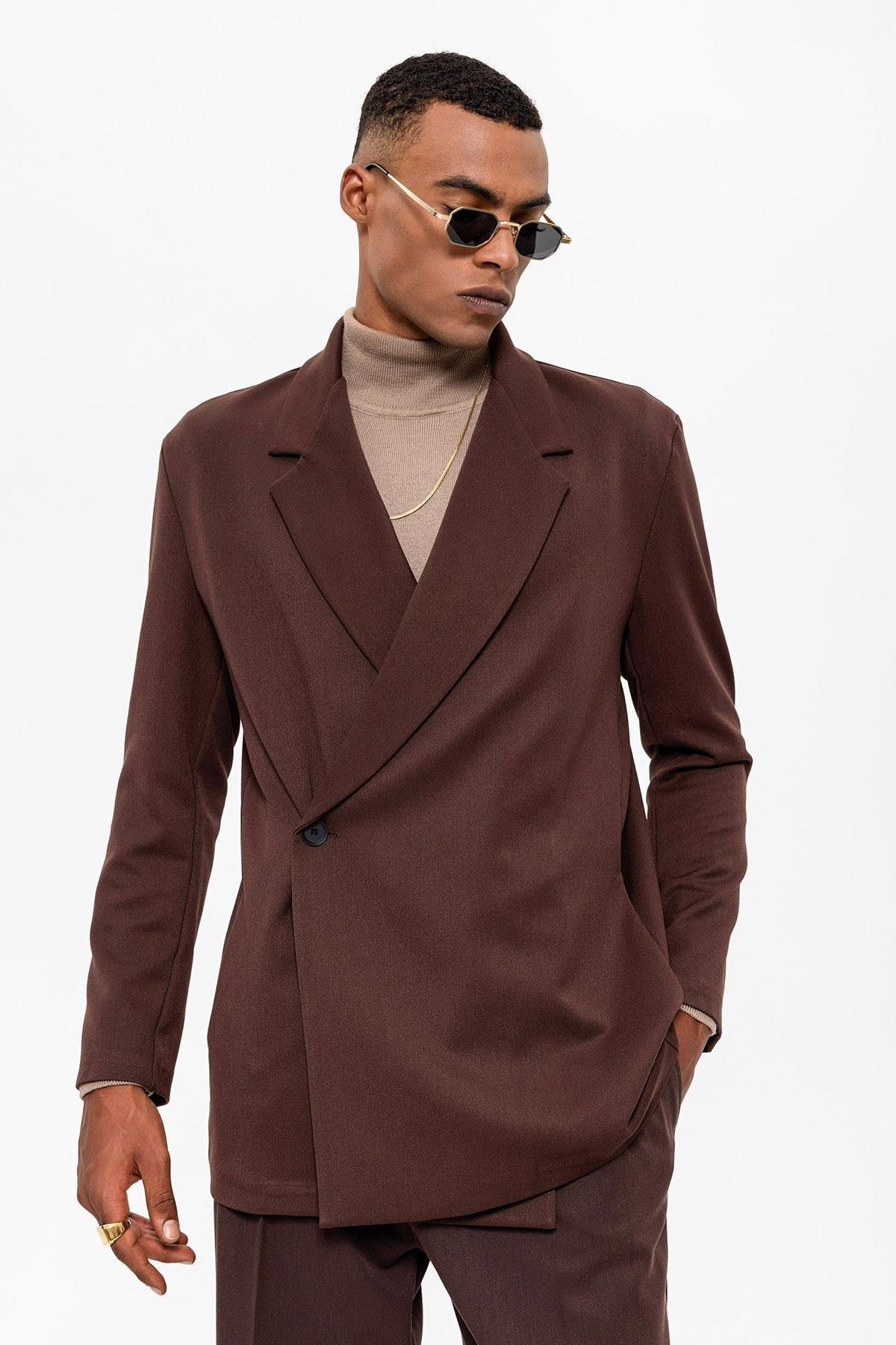 Men's Brown Double Breasted Closure Hidden Pocket Blazer Jacket