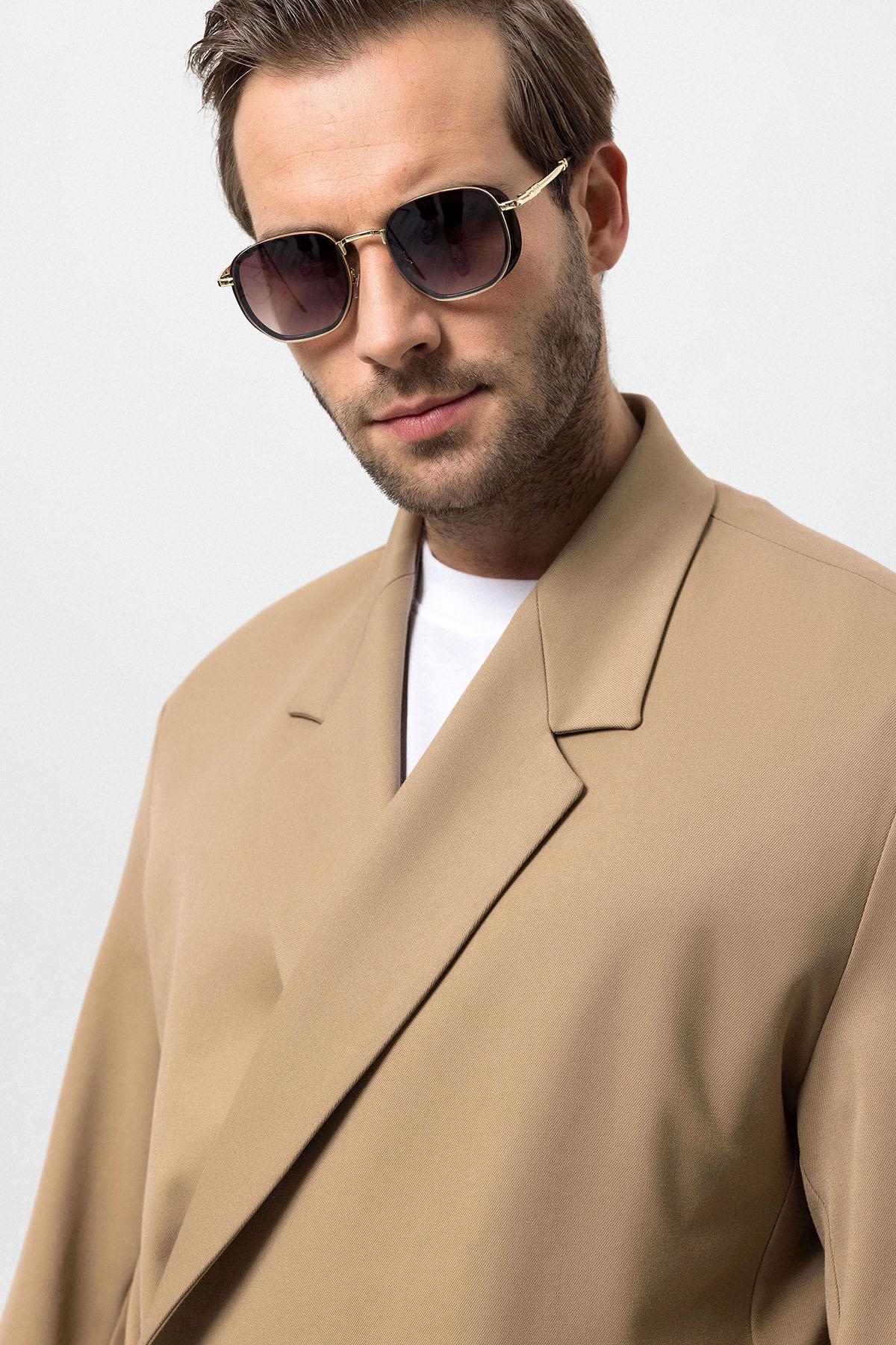 Men's Camel Double-Breasted Hidden Pocket Blazer