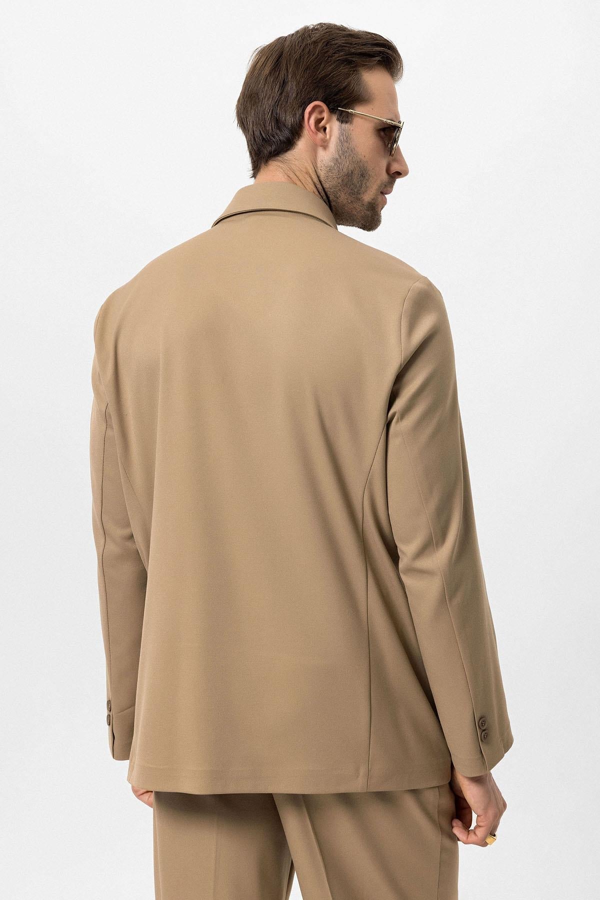 Men's Camel Double-Breasted Hidden Pocket Blazer