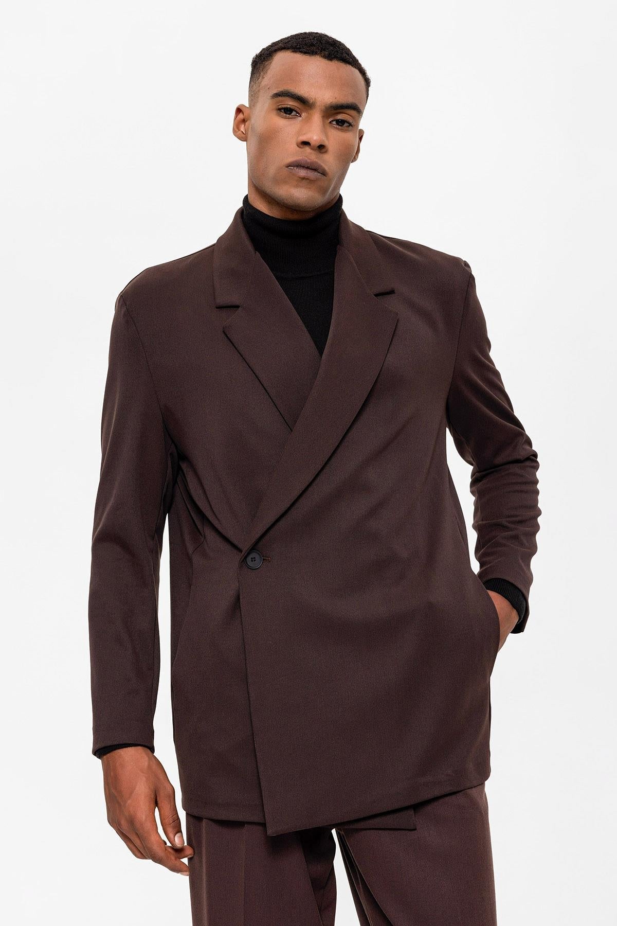 Men's Dark Brown Double Breasted Closure Hidden Pocket Blazer Jacket