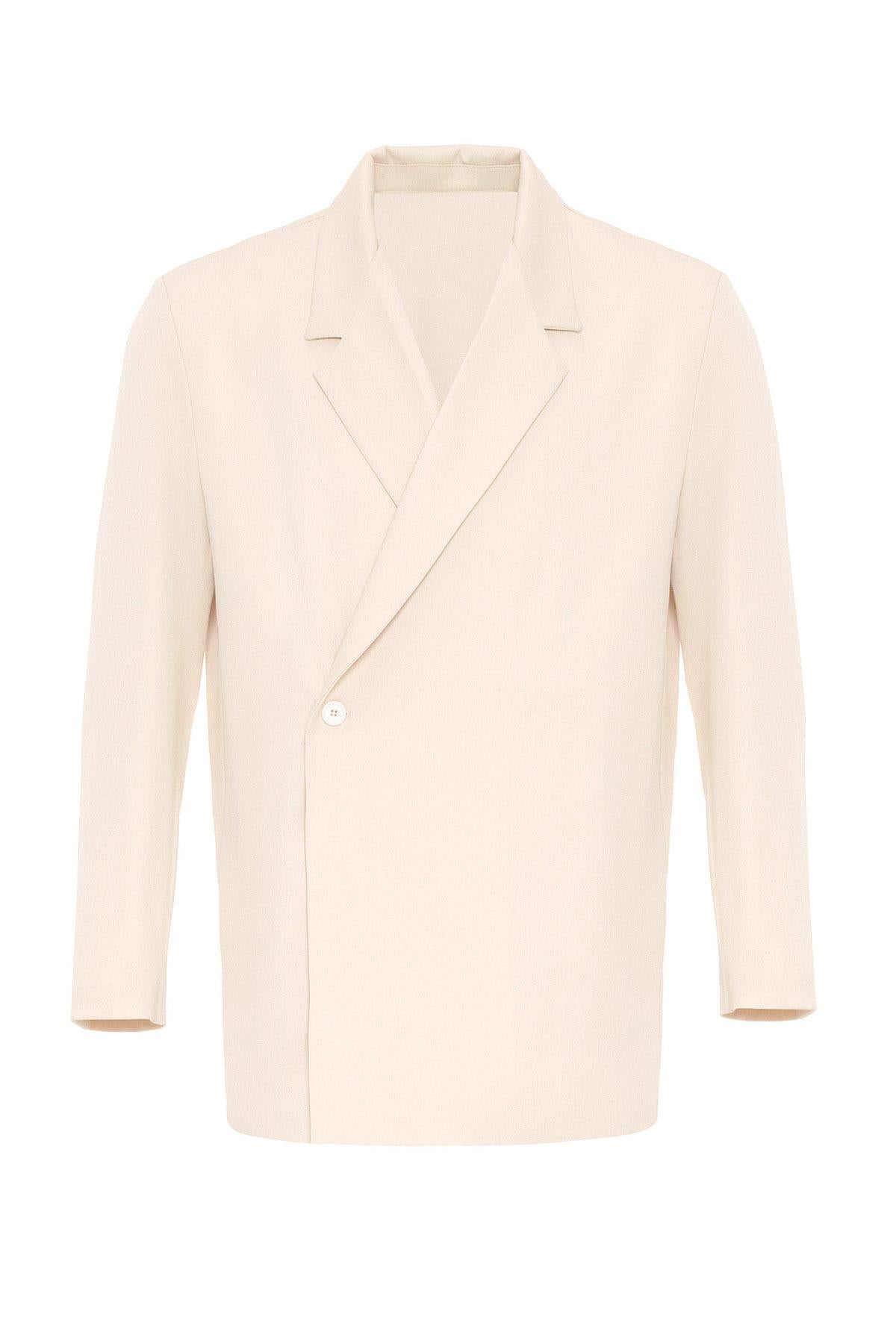 Men's Ecru Double Breasted Closure Hidden Pocket Blazer Jacket