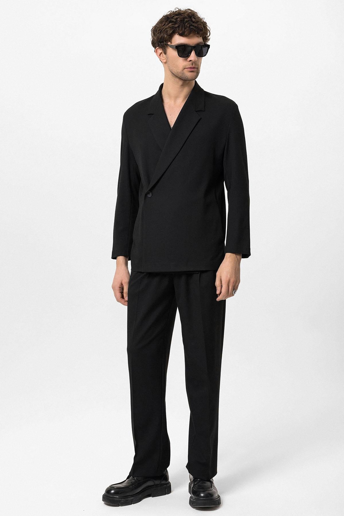 Men's Black Double Breasted Closure Hidden Pocket Blazer Jacket