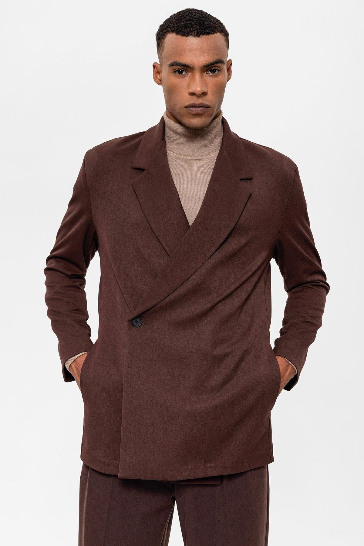 Men's Brown Double Breasted Closure Hidden Pocket Blazer Jacket