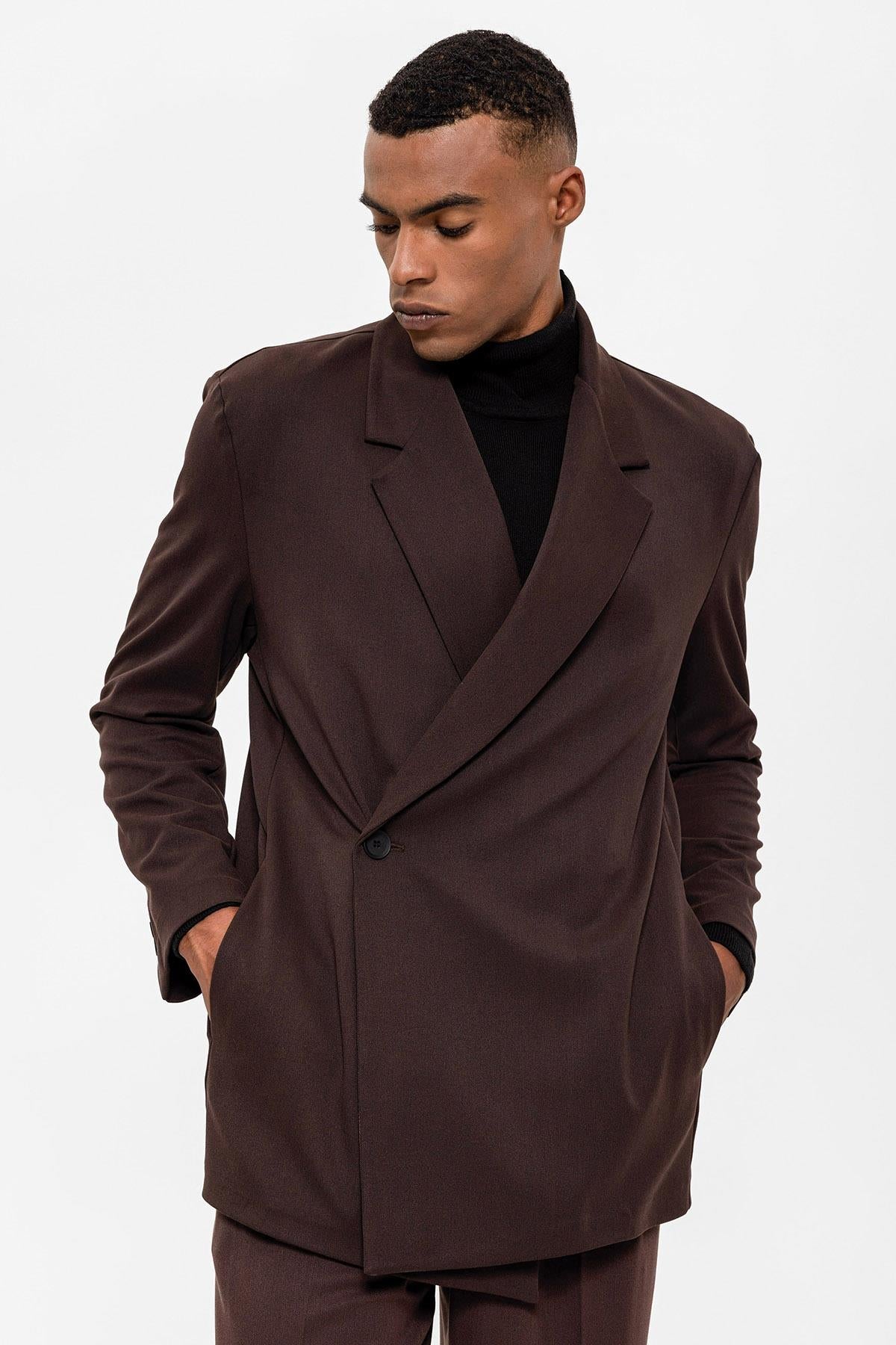 Men's Dark Brown Double Breasted Closure Hidden Pocket Blazer Jacket