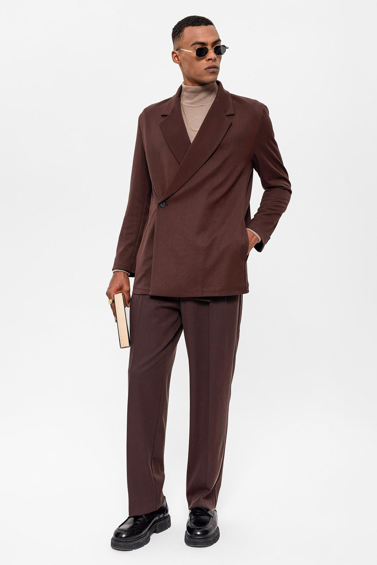 Men's Brown Double Breasted Closure Hidden Pocket Blazer Jacket