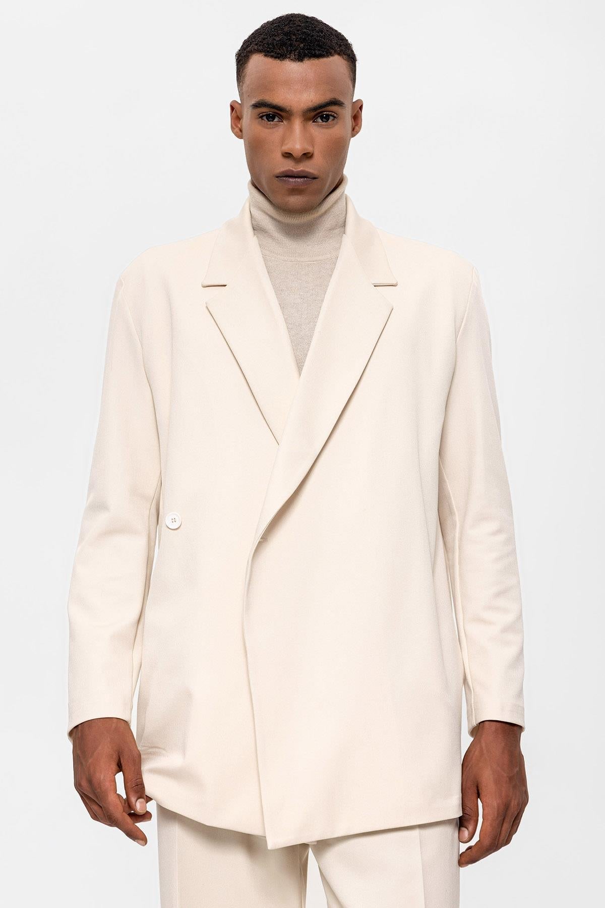 Men's Ecru Double Breasted Closure Hidden Pocket Blazer Jacket
