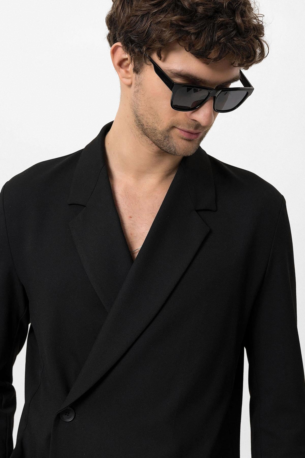 Men's Black Double Breasted Closure Hidden Pocket Blazer Jacket