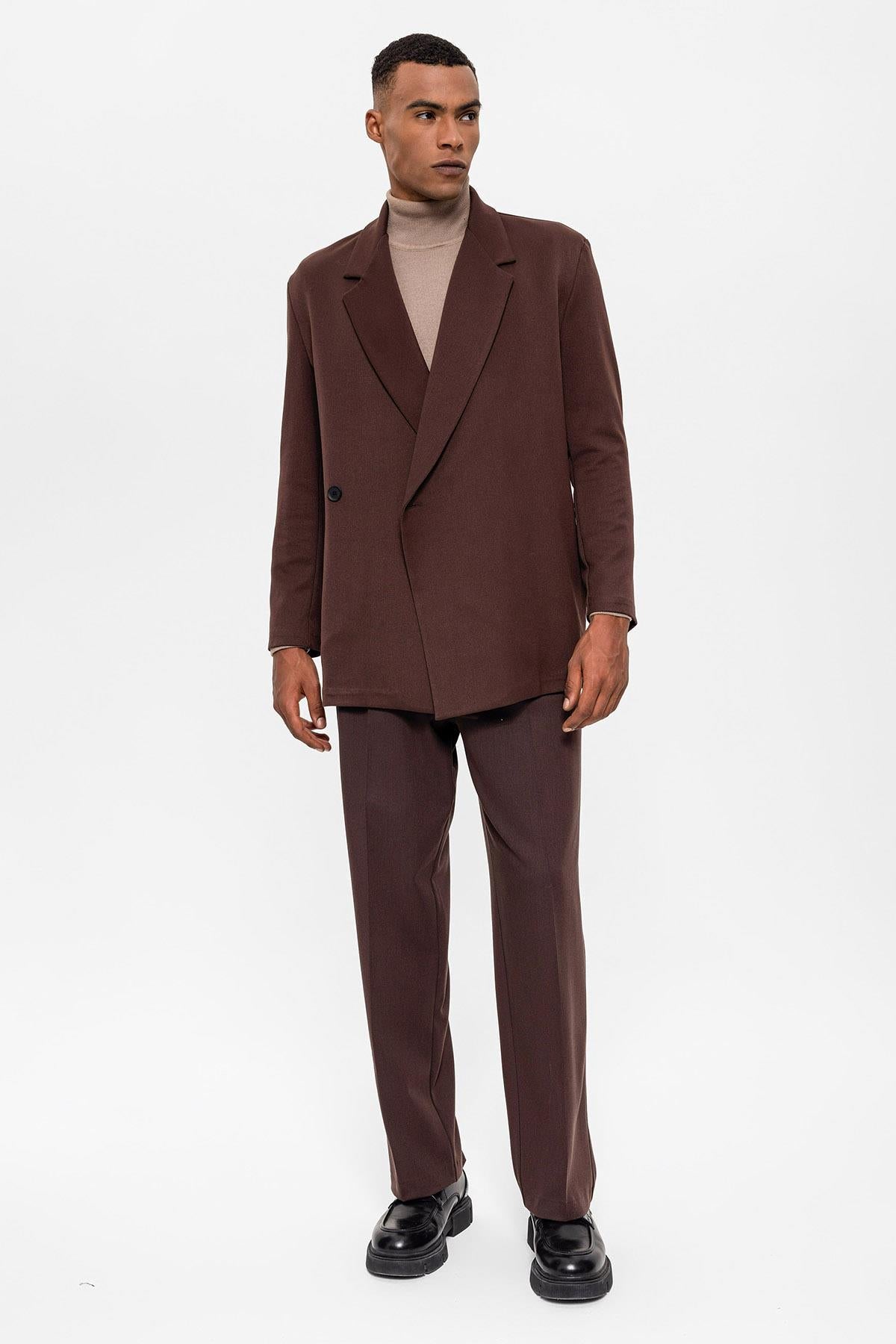 Men's Brown Double Breasted Closure Hidden Pocket Blazer Jacket