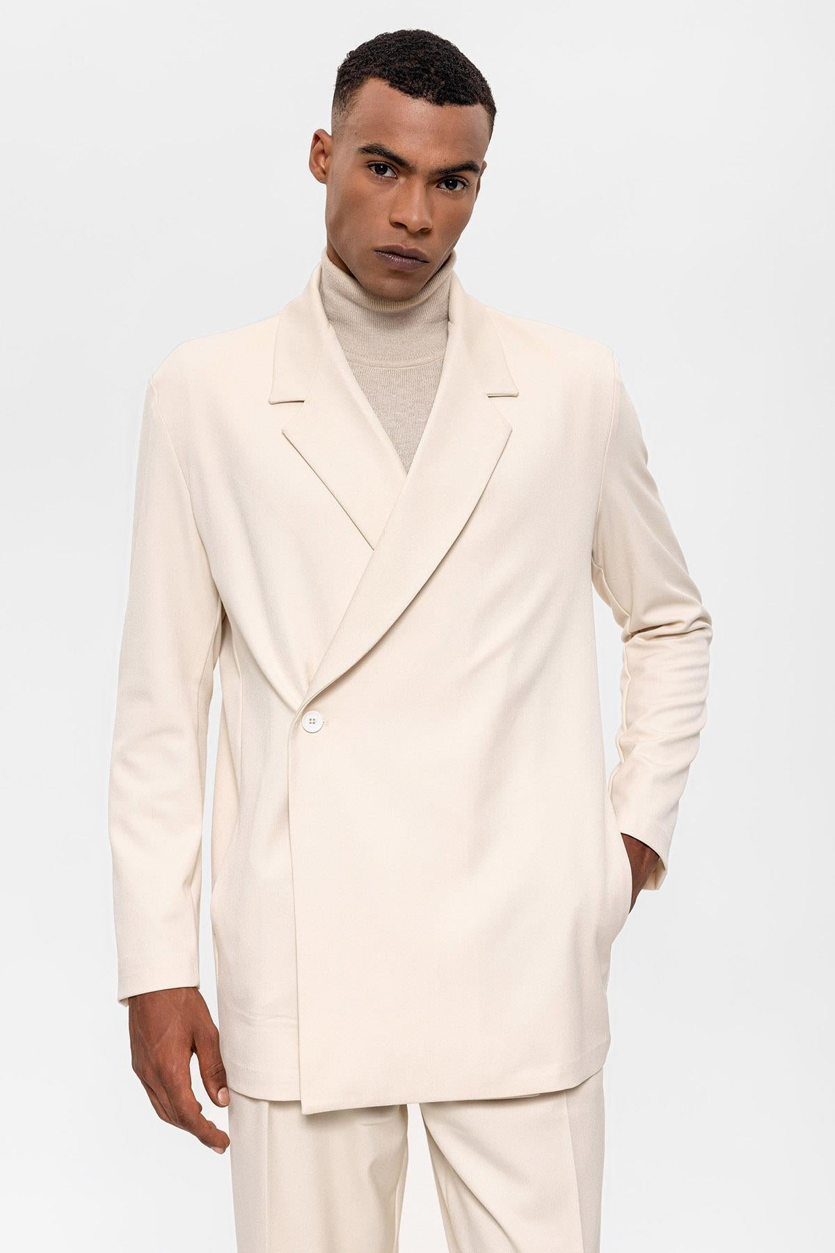 Men's Ecru Double Breasted Closure Hidden Pocket Blazer Jacket