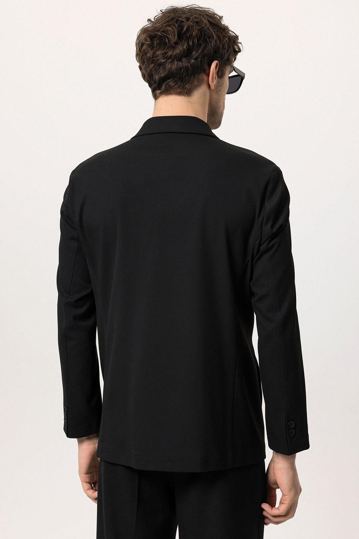 Men's Black Double Breasted Closure Hidden Pocket Blazer Jacket