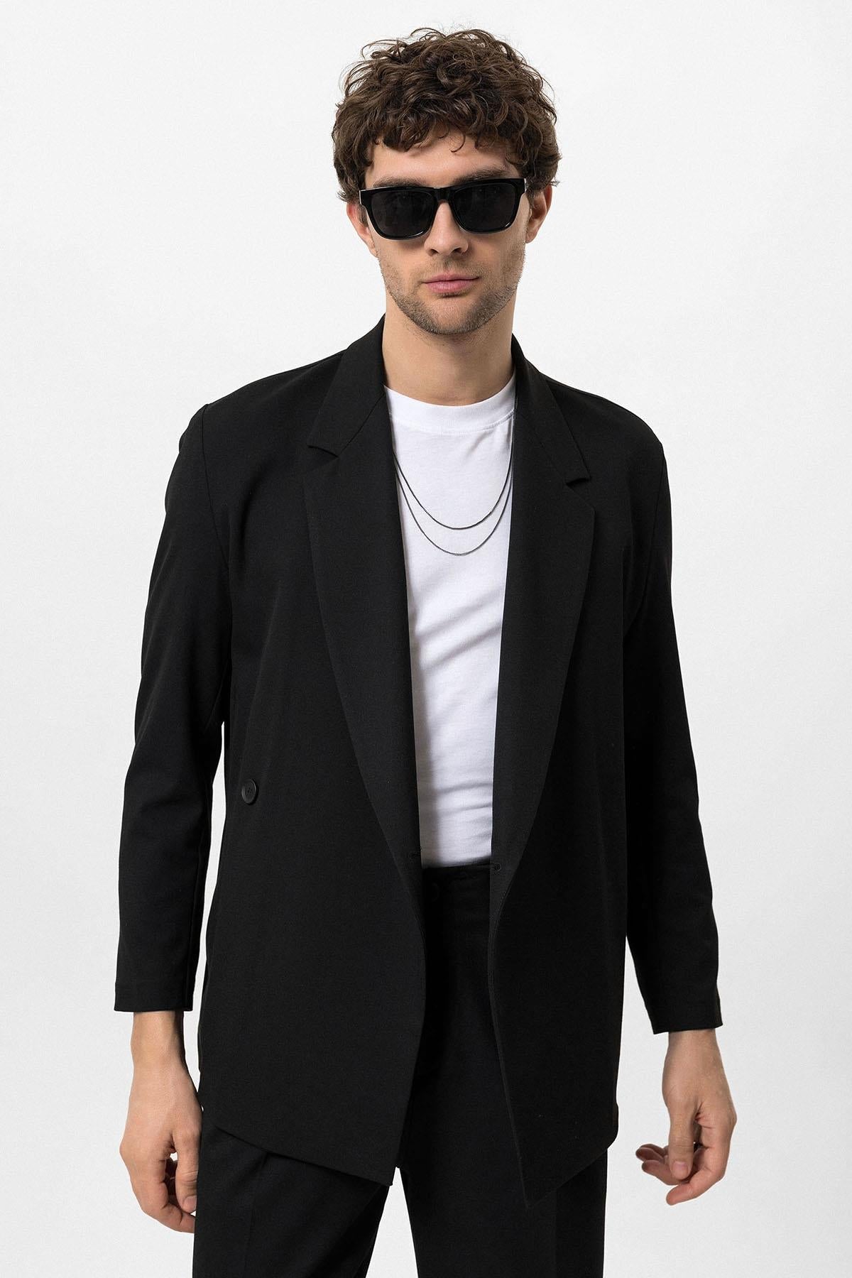 Men's Black Double Breasted Closure Hidden Pocket Blazer Jacket