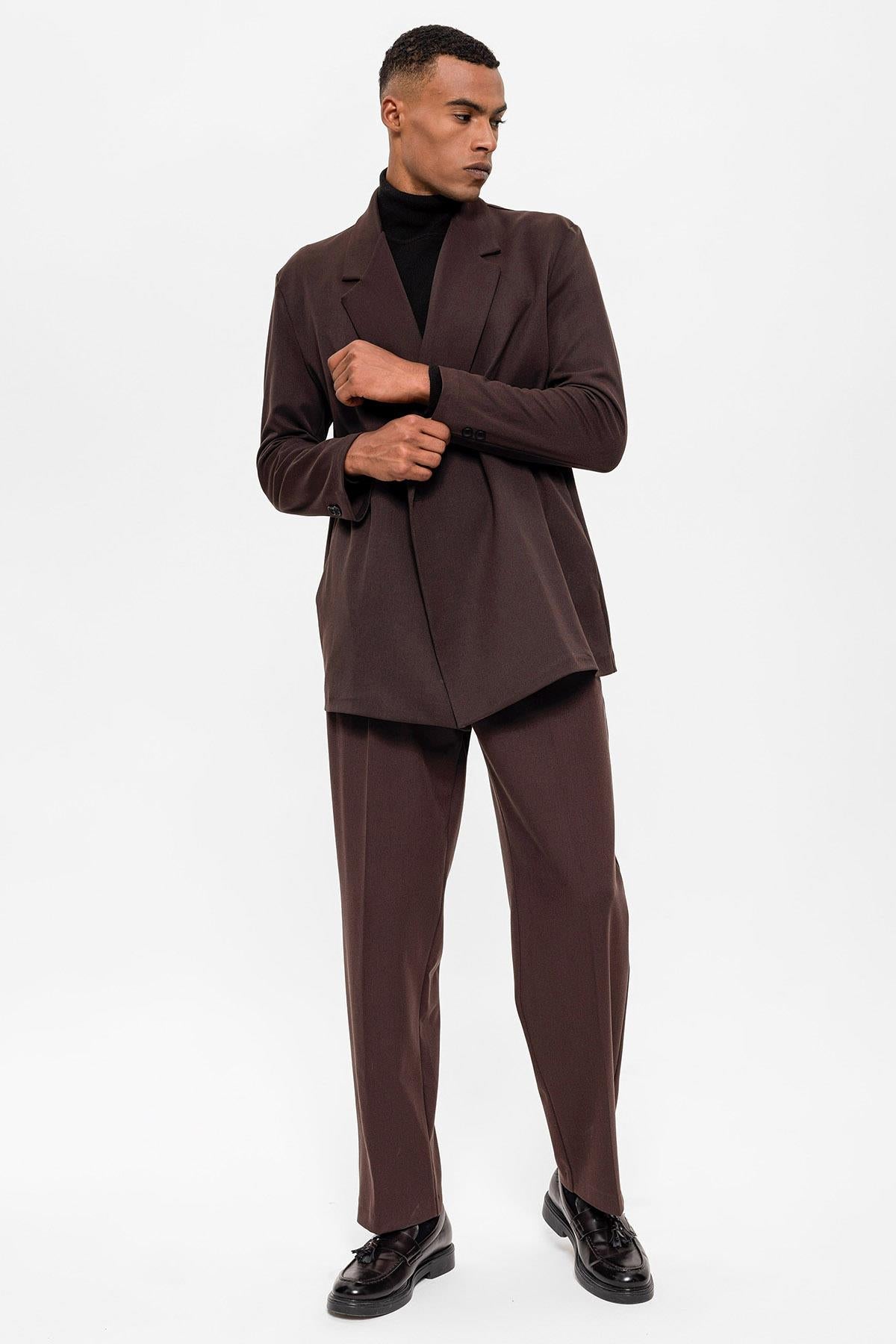 Men's Dark Brown Double Breasted Closure Hidden Pocket Blazer Jacket