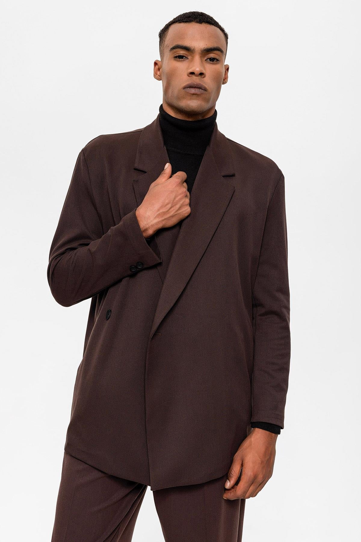 Men's Dark Brown Double Breasted Closure Hidden Pocket Blazer Jacket