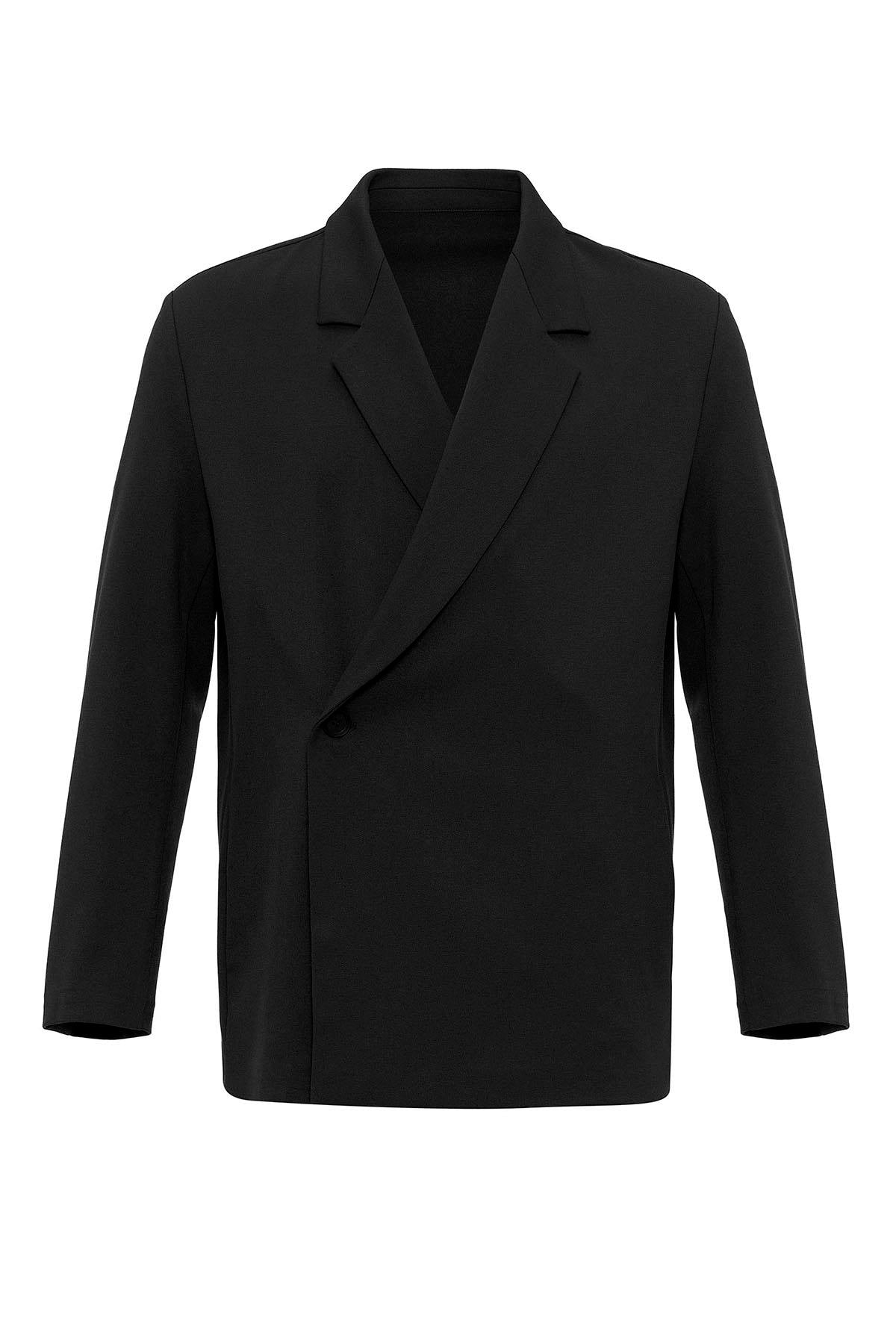 Men's Black Double Breasted Closure Hidden Pocket Blazer Jacket