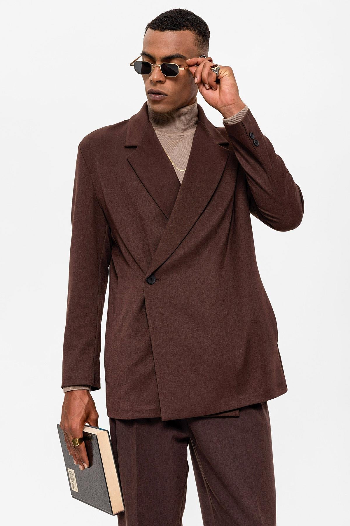 Men's Brown Double Breasted Closure Hidden Pocket Blazer Jacket