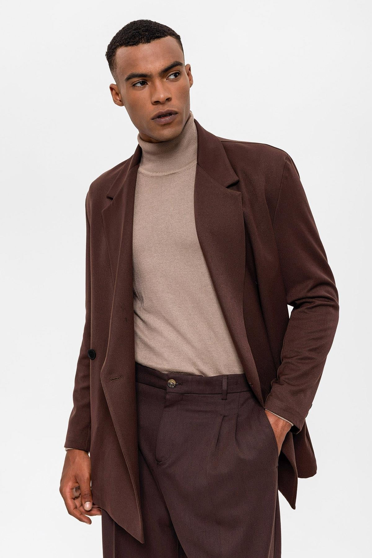 Men's Brown Double Breasted Closure Hidden Pocket Blazer Jacket