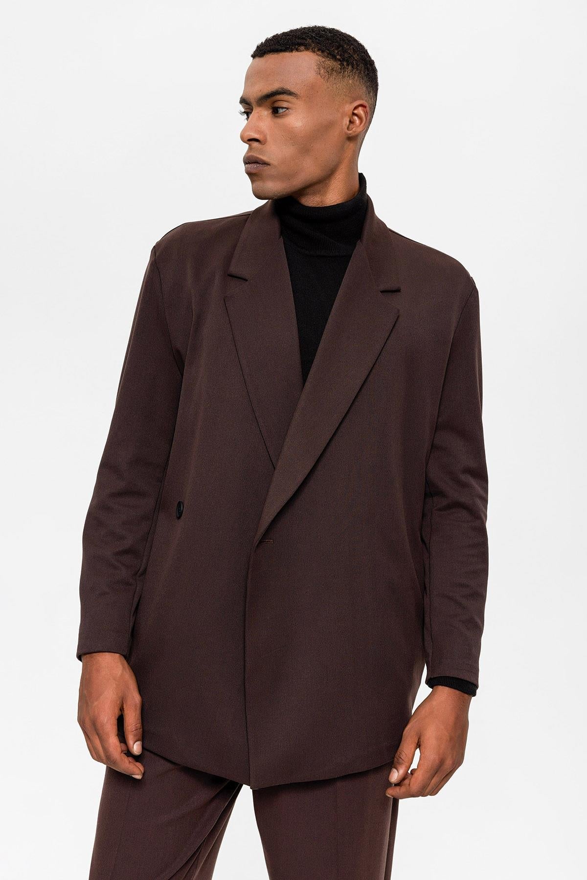 Men's Dark Brown Double Breasted Closure Hidden Pocket Blazer Jacket