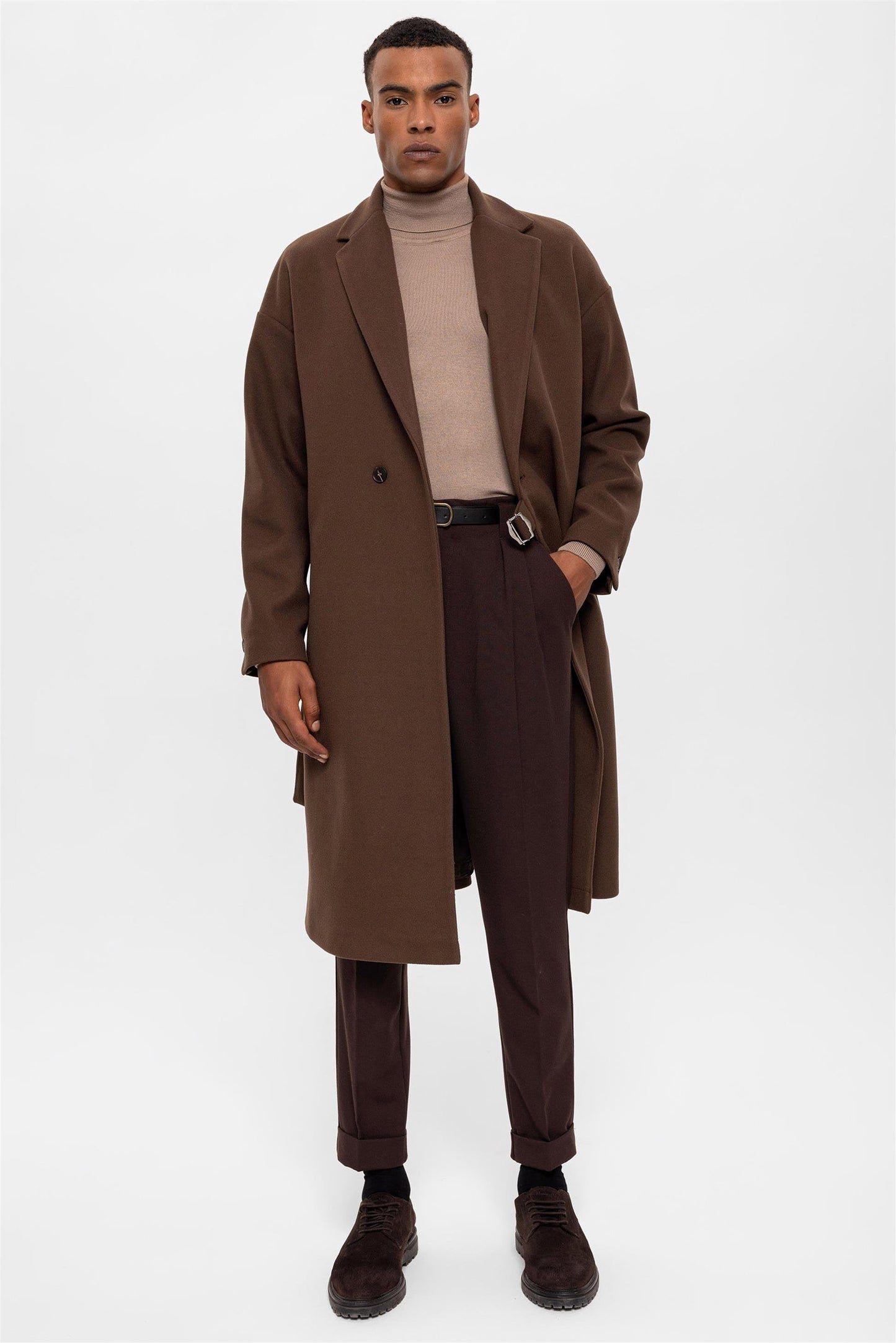 Brown Belted Oversize Men's Coat
