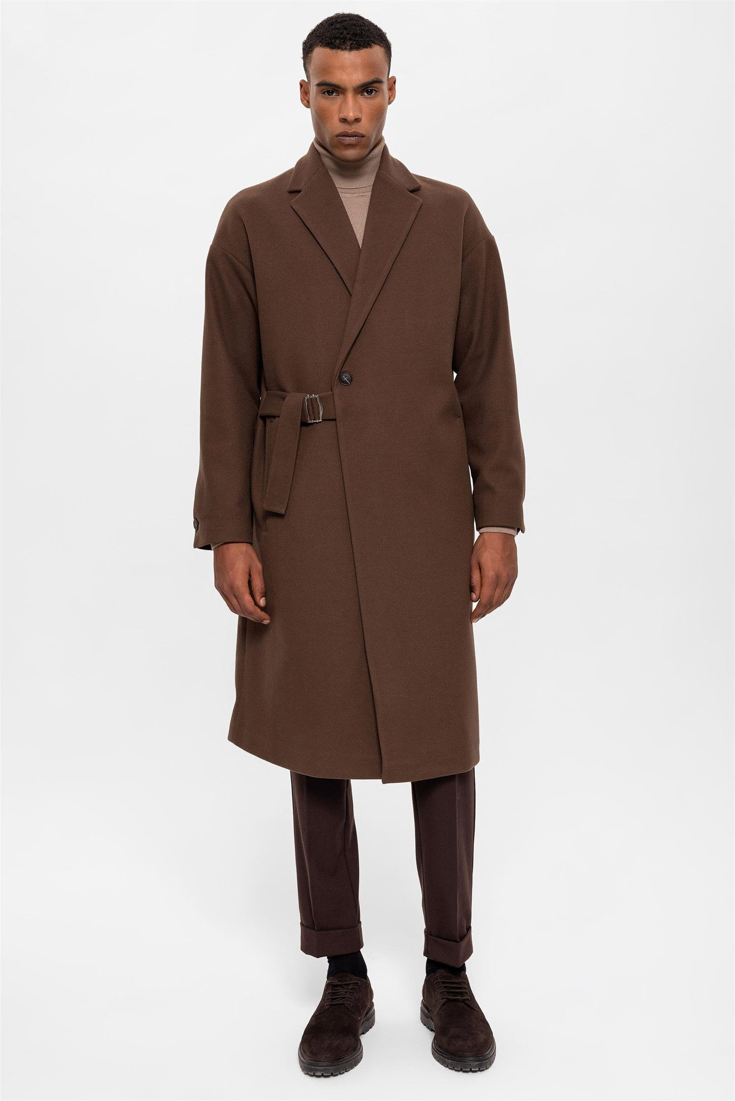 Brown Belted Oversize Men's Coat