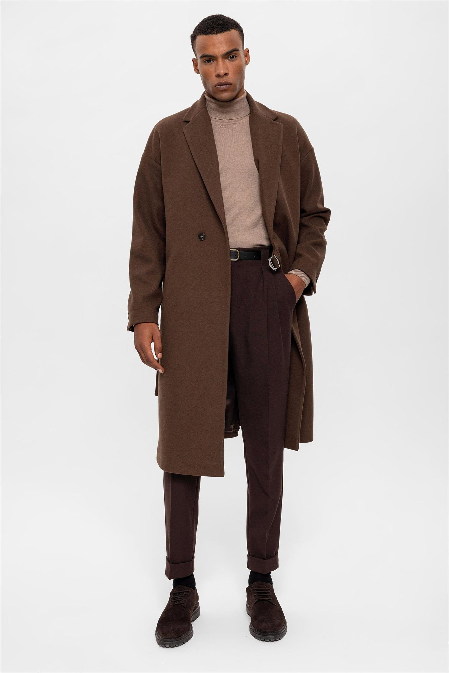 Brown Belted Oversize Men's Coat