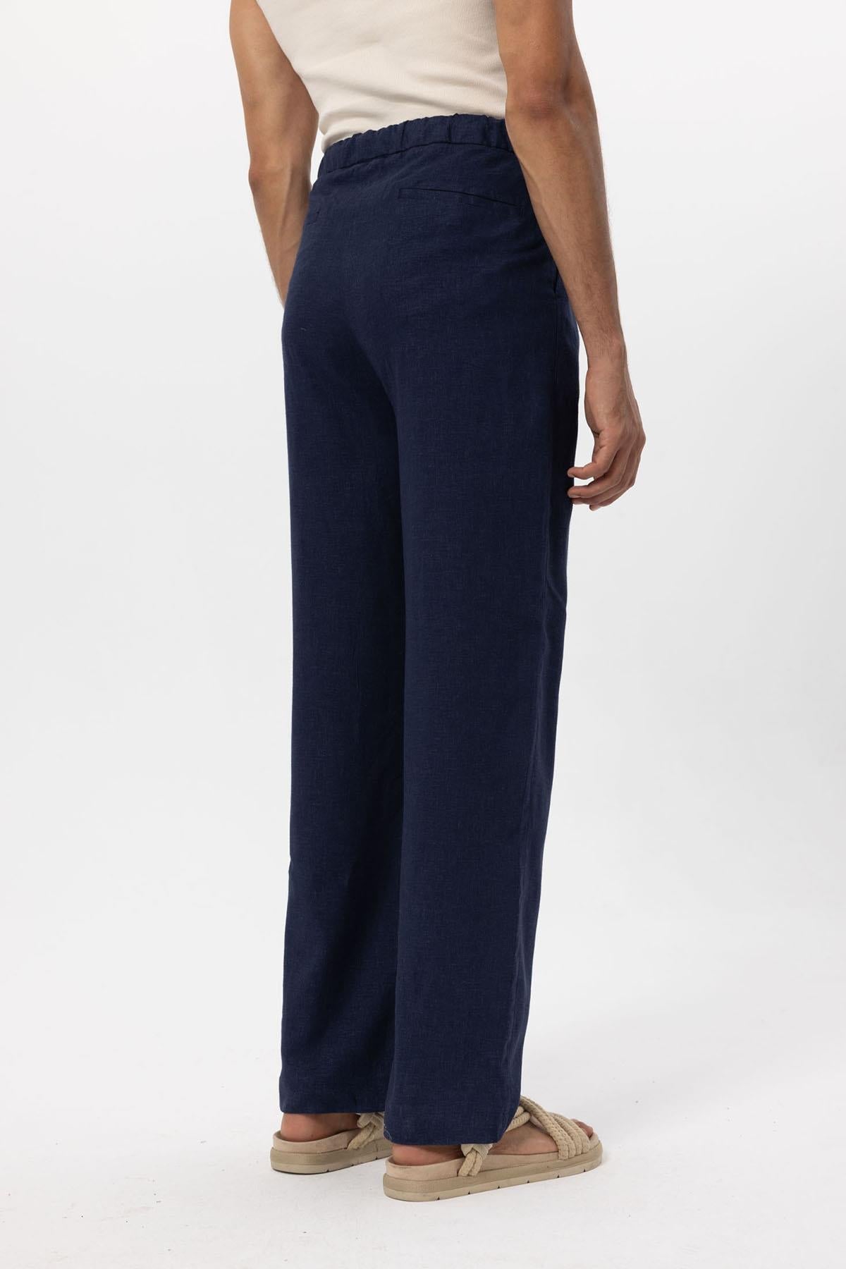 Men's Navy Blue Navy Belted Linen Blend Pants