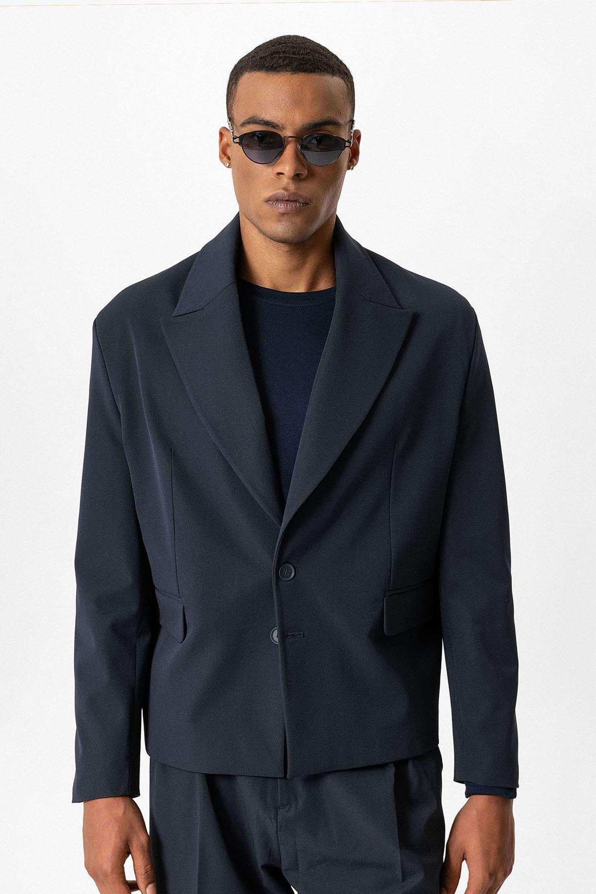 Navy Crop Fit Men's Blazer Jacket