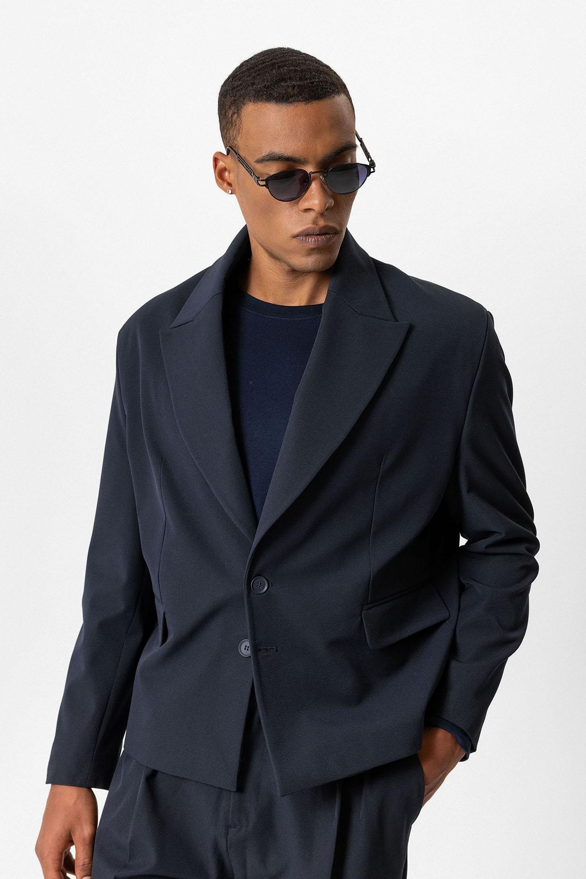Navy Crop Fit Men's Blazer Jacket