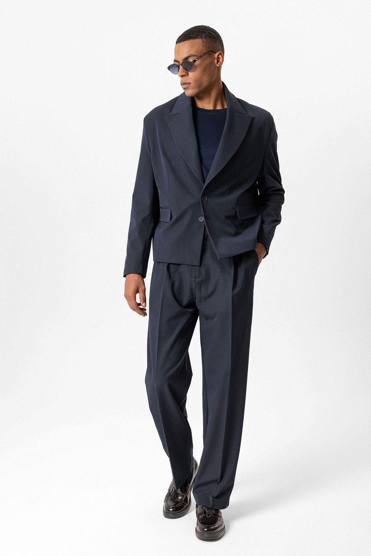 Navy Crop Fit Men's Blazer Jacket