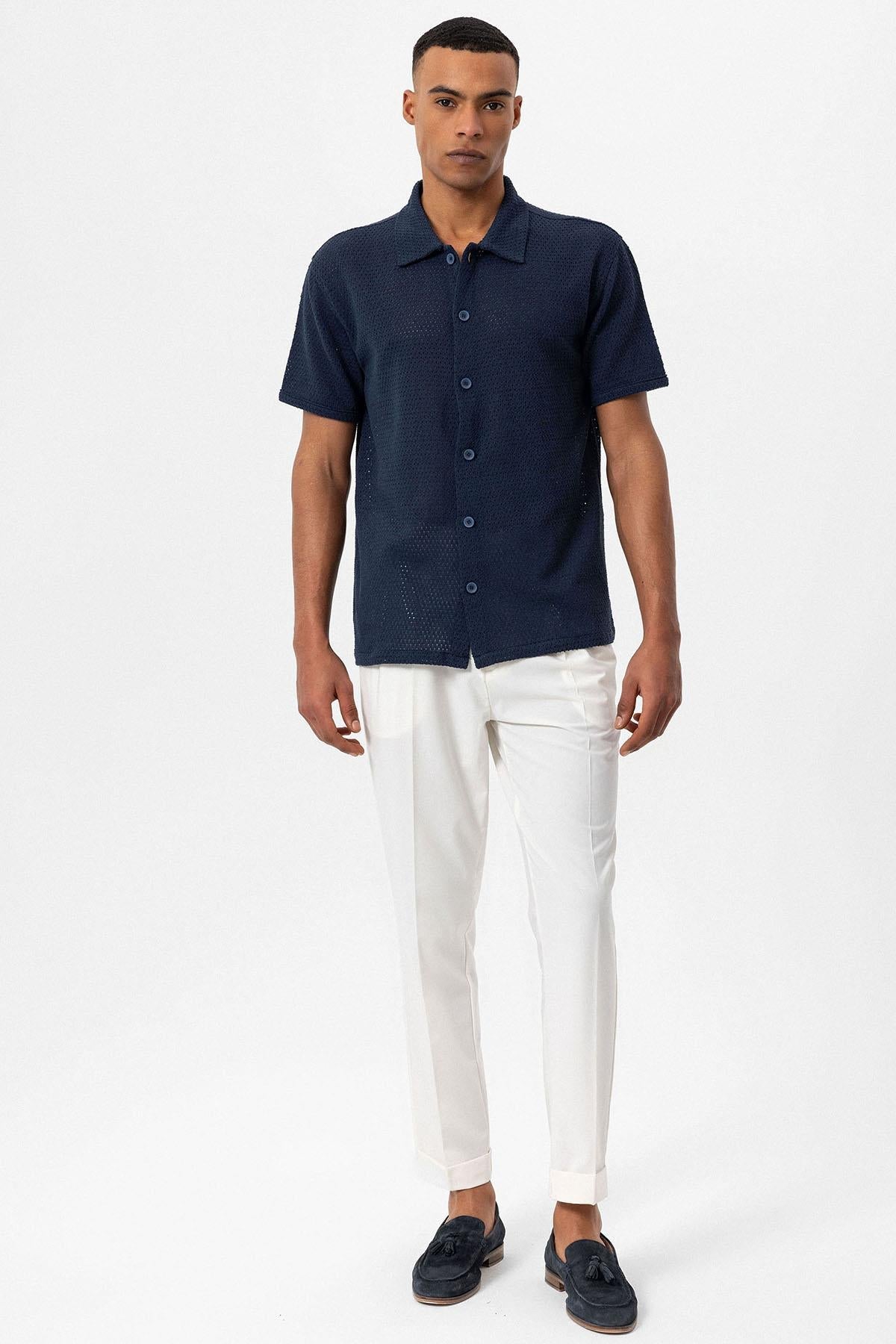 Men's Navy Blue Navy Textured Short-Sleeve Shirt