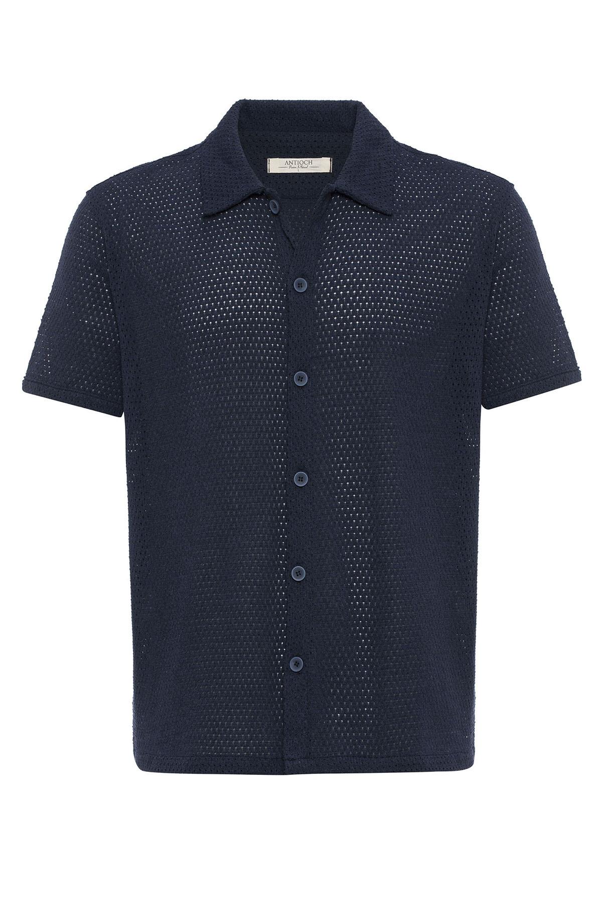 Men's Navy Blue Navy Textured Short-Sleeve Shirt