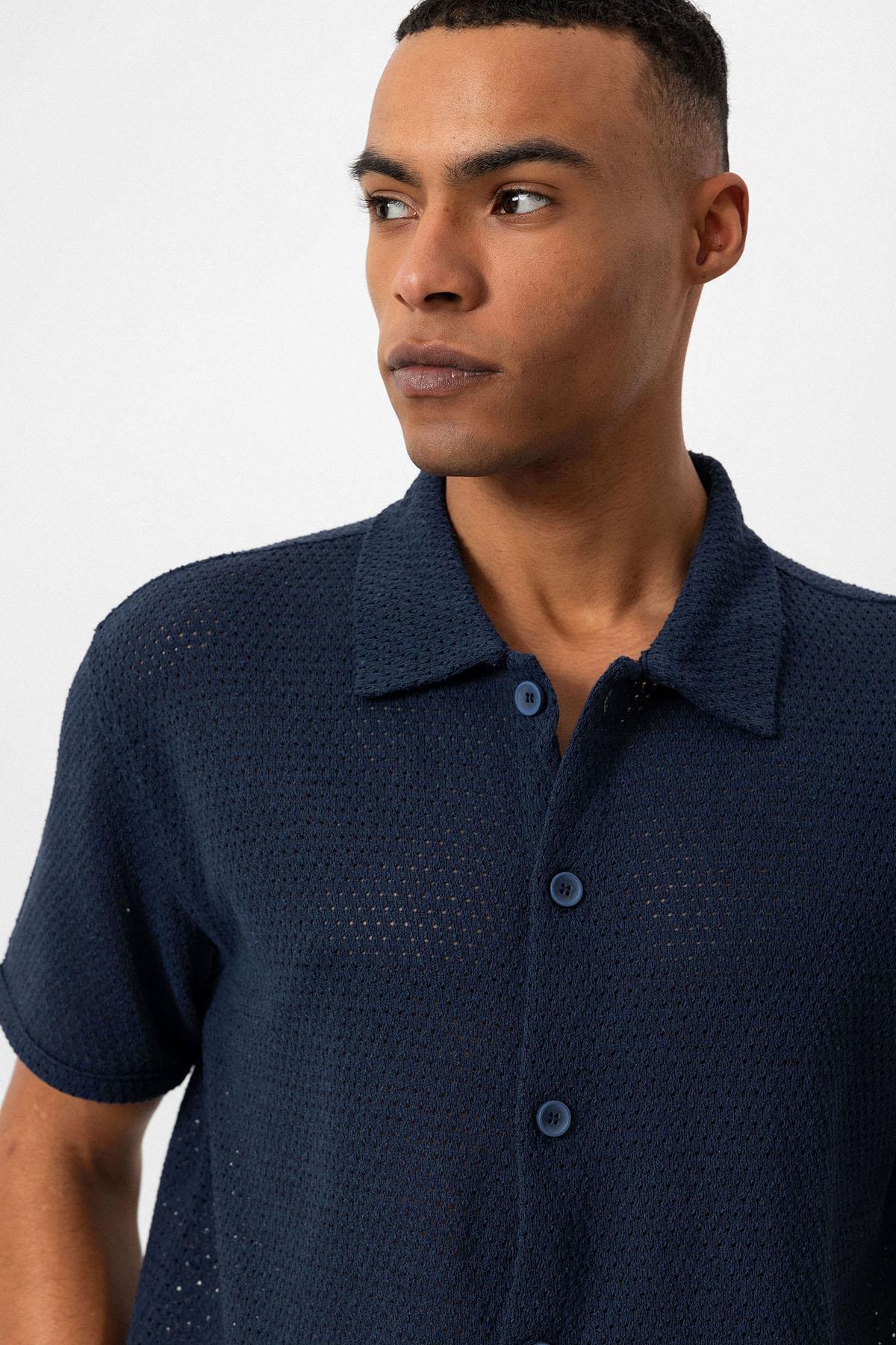 Men's Navy Blue Navy Textured Short-Sleeve Shirt