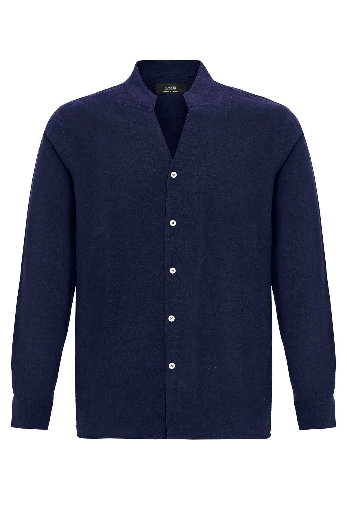 Men's Navy Blue Navy Mandarin Collar Long-Sleeve Shirt