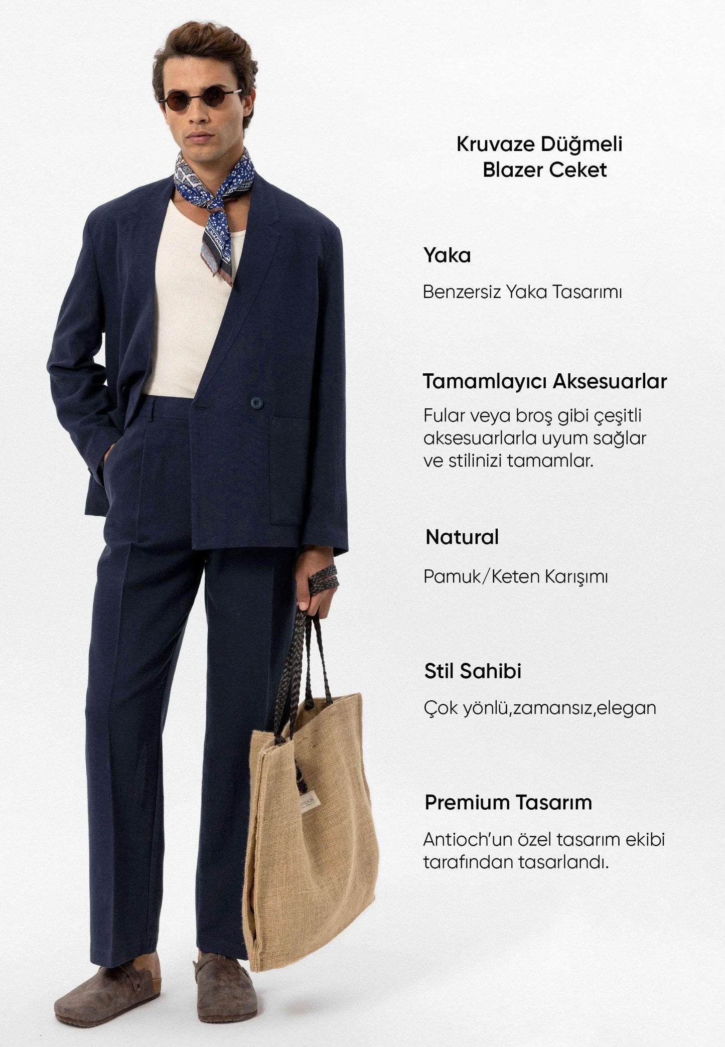 Men's Navy Blue Navy Linen Blend Double-Breasted Jacket