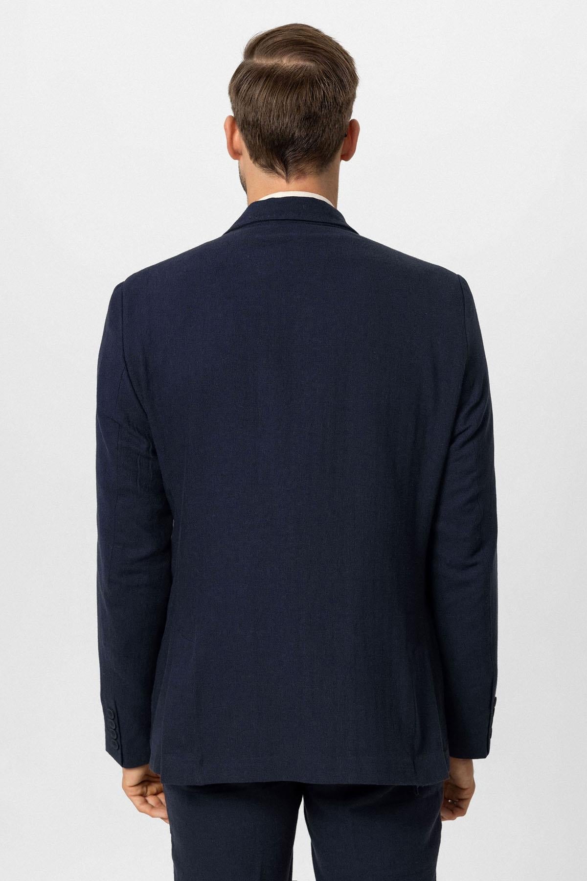 Men's Navy Blue Navy Double-Breasted Linen Blend Jacket
