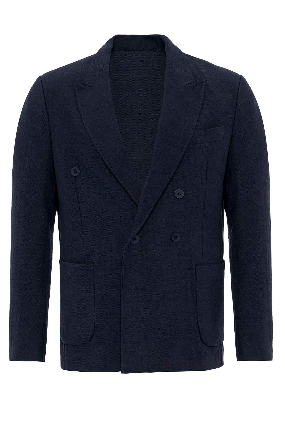 Men's Navy Blue Navy Double-Breasted Linen Blend Jacket