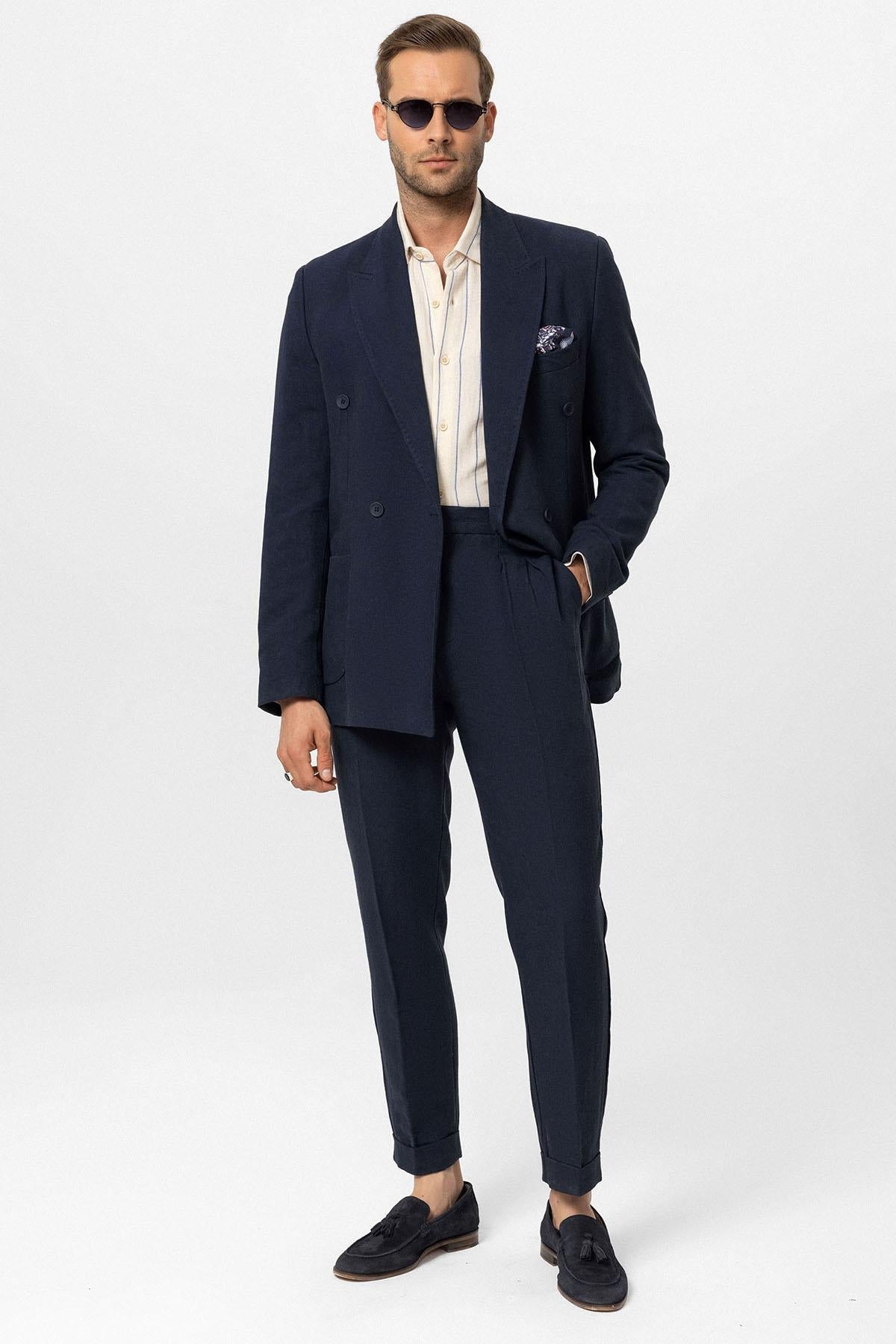 Men's Navy Blue Navy Double-Breasted Linen Blend Jacket