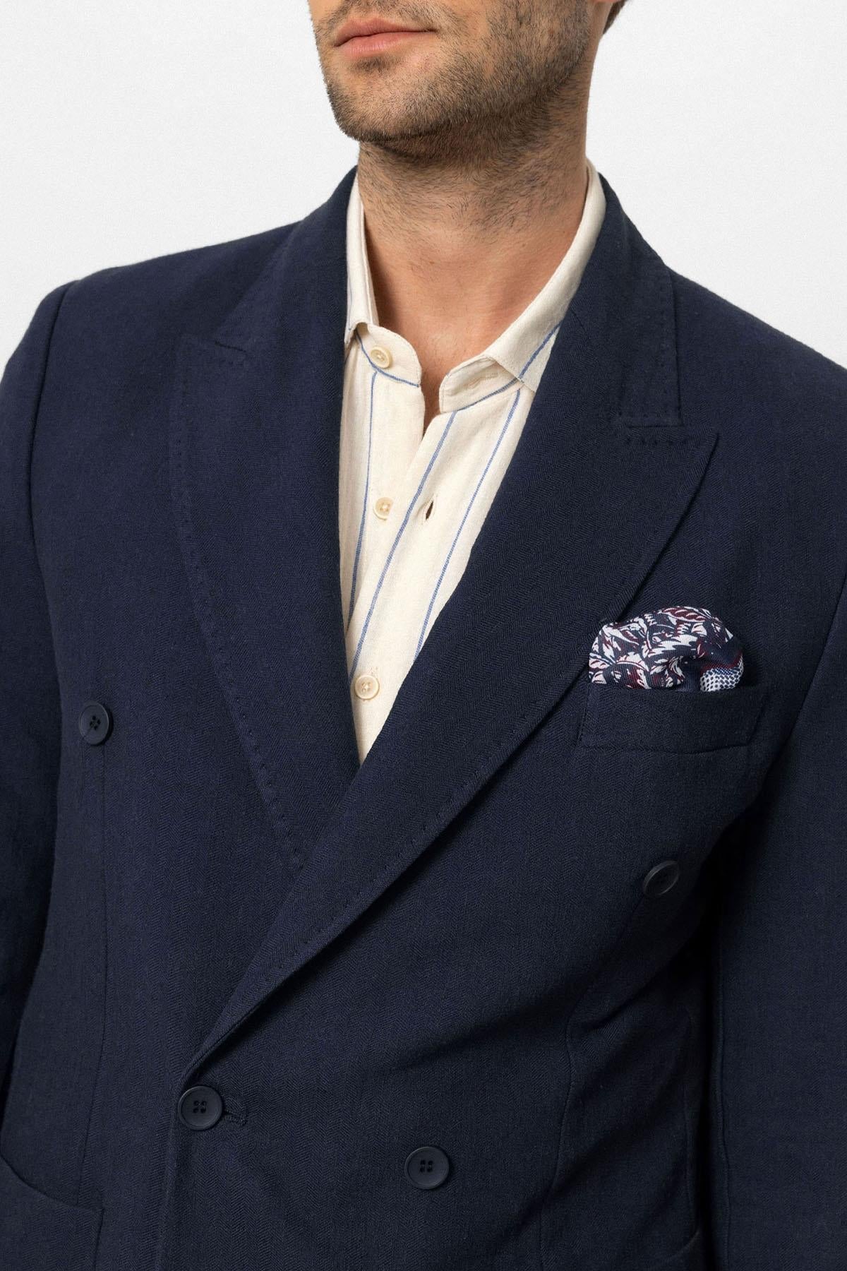 Men's Navy Blue Navy Double-Breasted Linen Blend Jacket