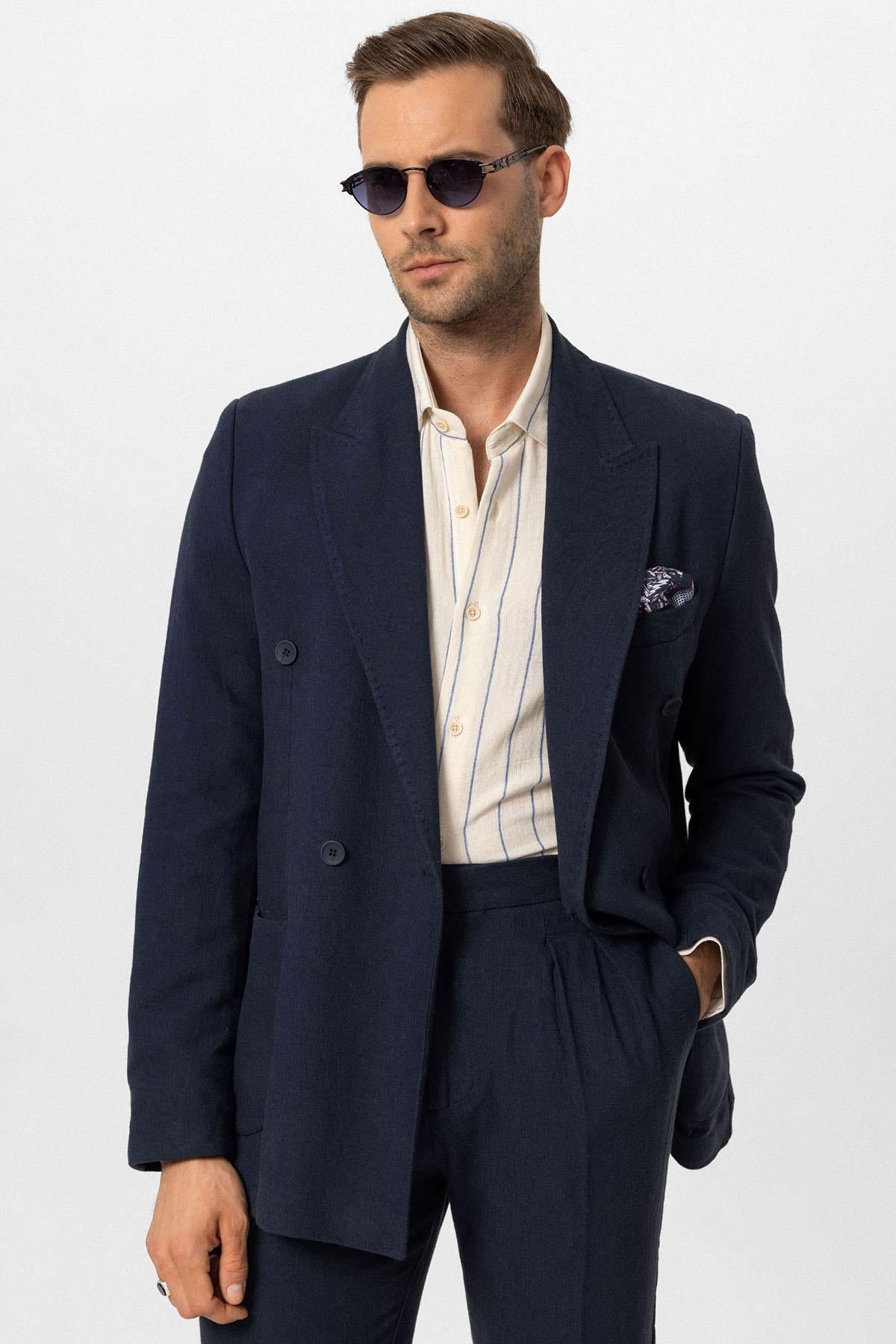 Men's Navy Blue Navy Double-Breasted Linen Blend Jacket