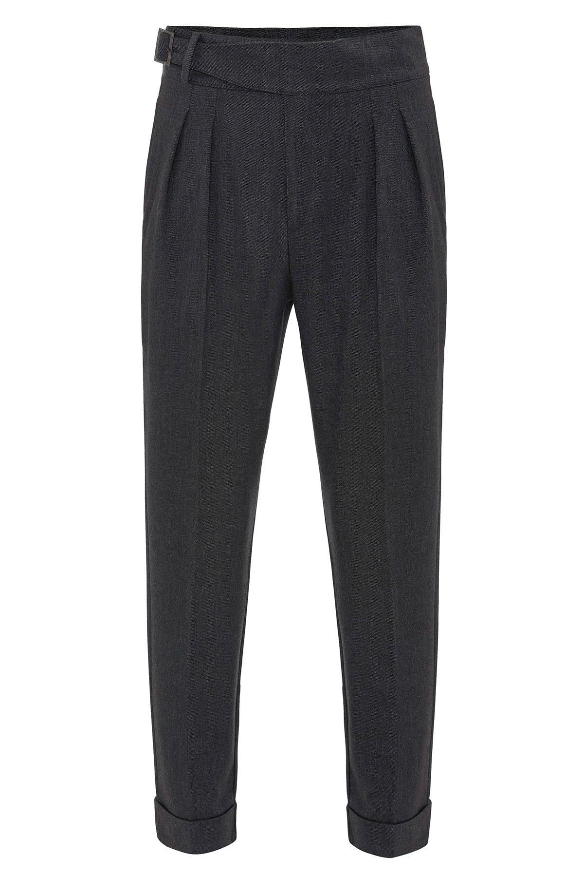 Navy Pleated Men's Trousers with Buckle Detail