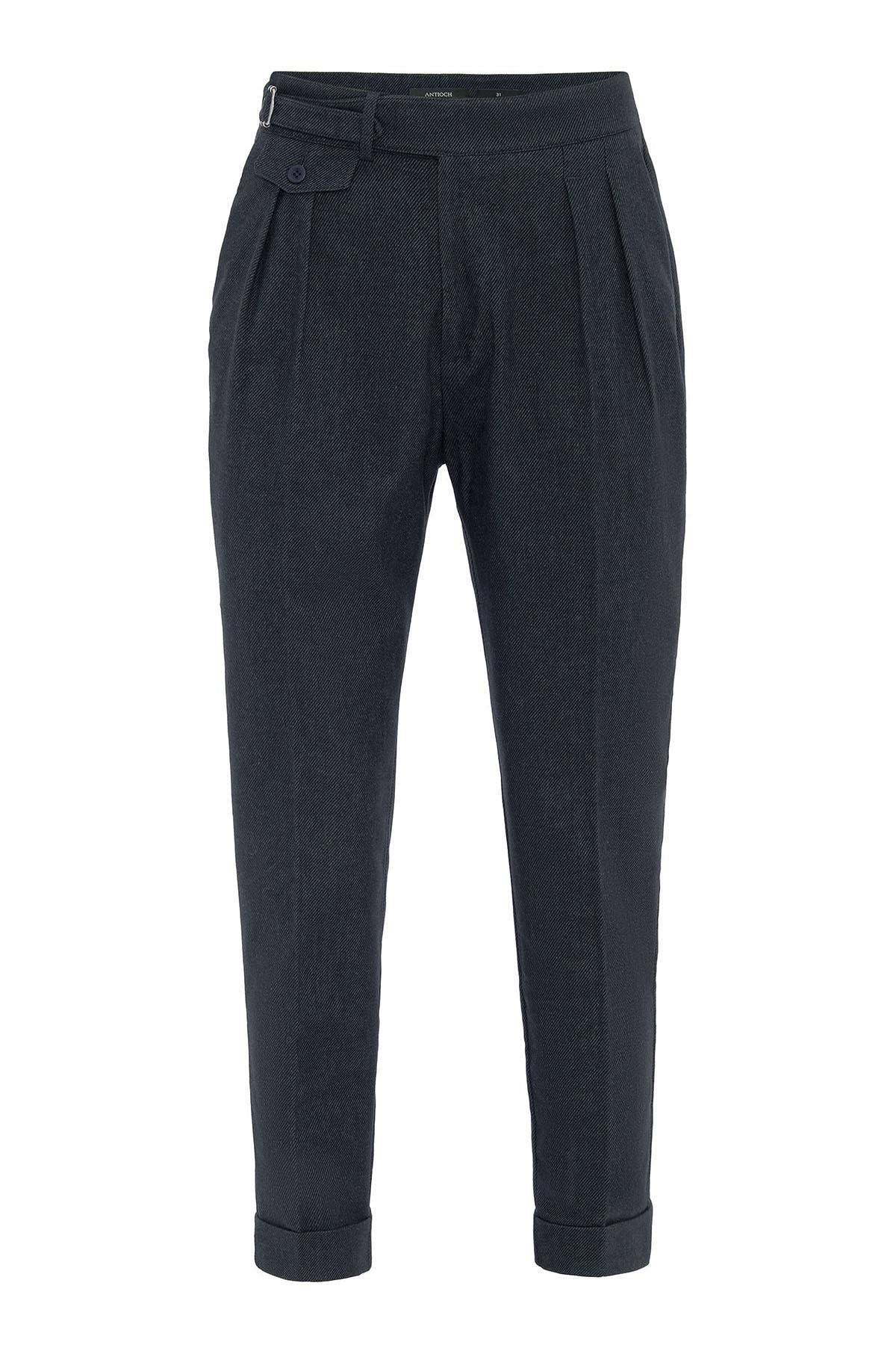 Navy High-Waisted Men's Trousers with Buckle Detail
