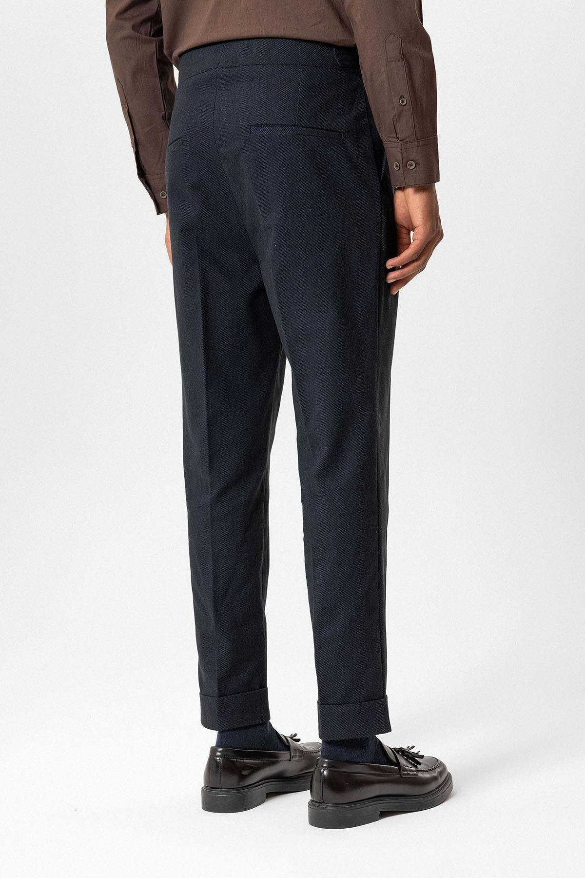 Navy High-Waisted Men's Trousers with Buckle Detail