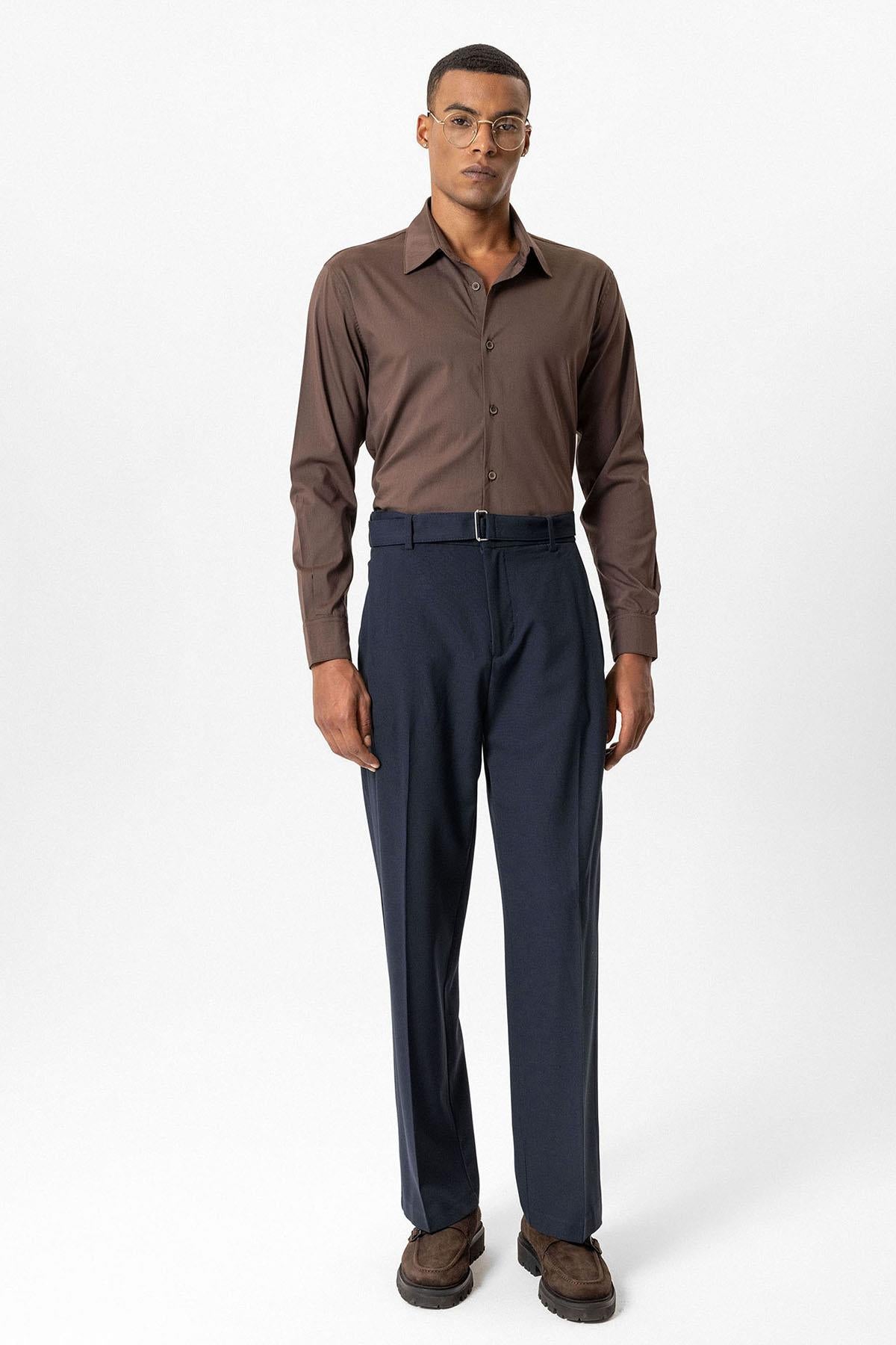 Navy High-Waisted Belted Men's Trousers