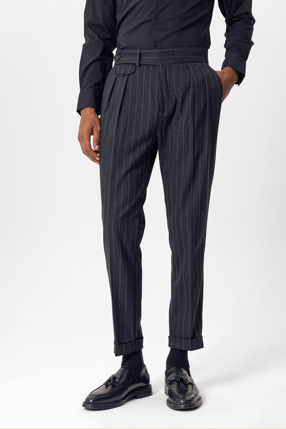 KOALA SYDNEY Navy High-Waisted Pleated Striped Men's Trousers