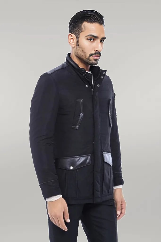 Leather Modeled Black Slim Fit Quilted Jacket