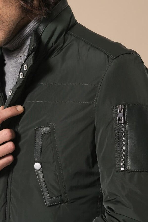 Leather Modeled Green Slim Fit Quilted Jacket