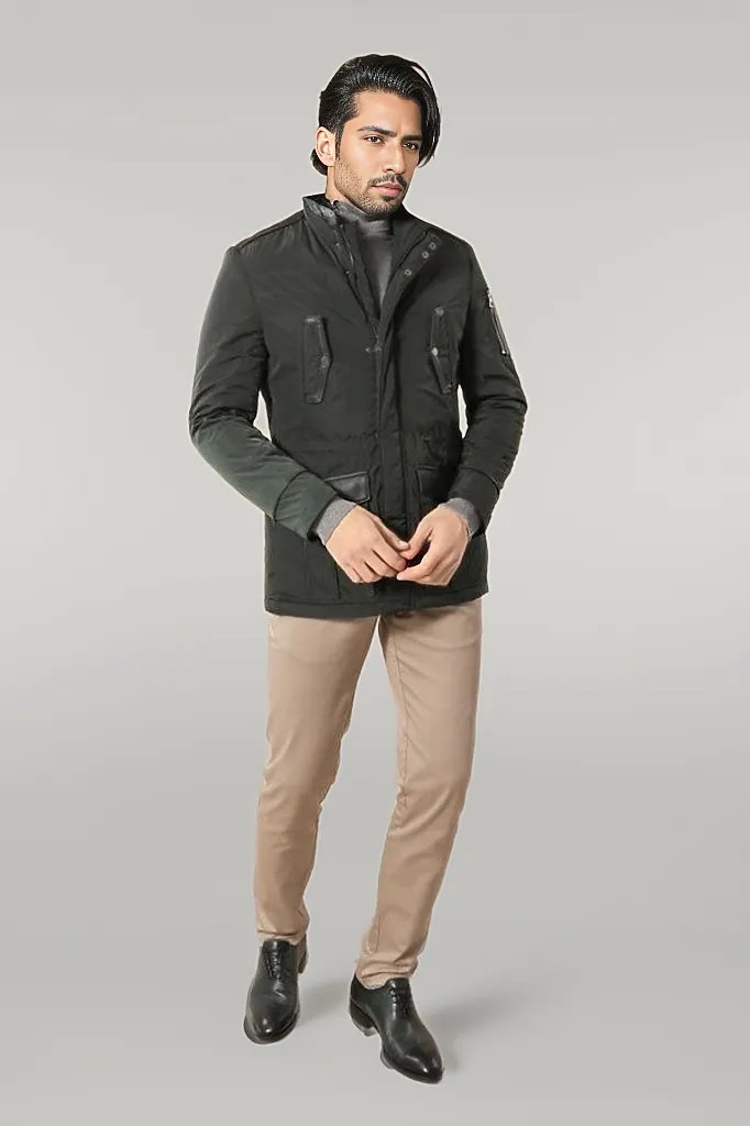 Leather Modeled Green Slim Fit Quilted Jacket