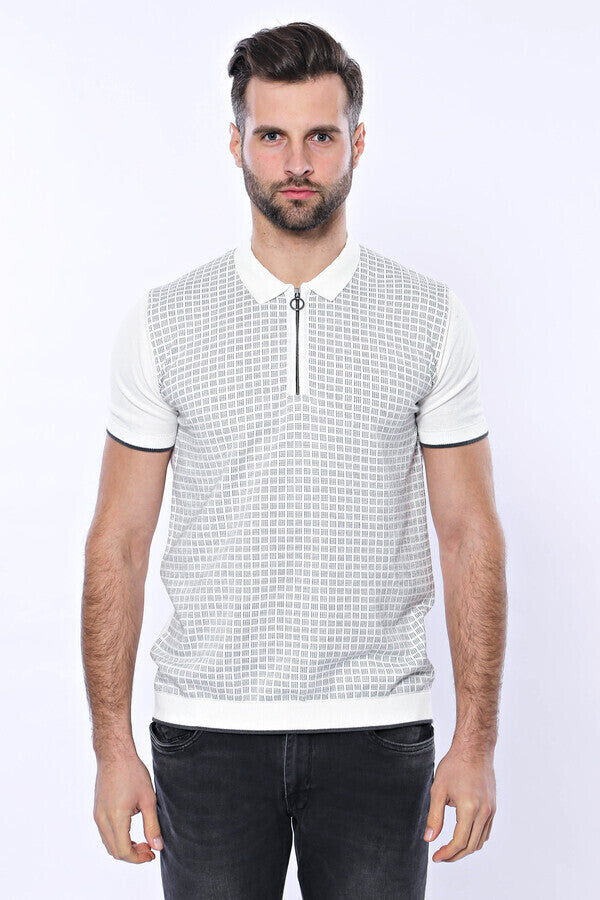 Light Grey Plaid Zippered Knitted Polo T-Shirt