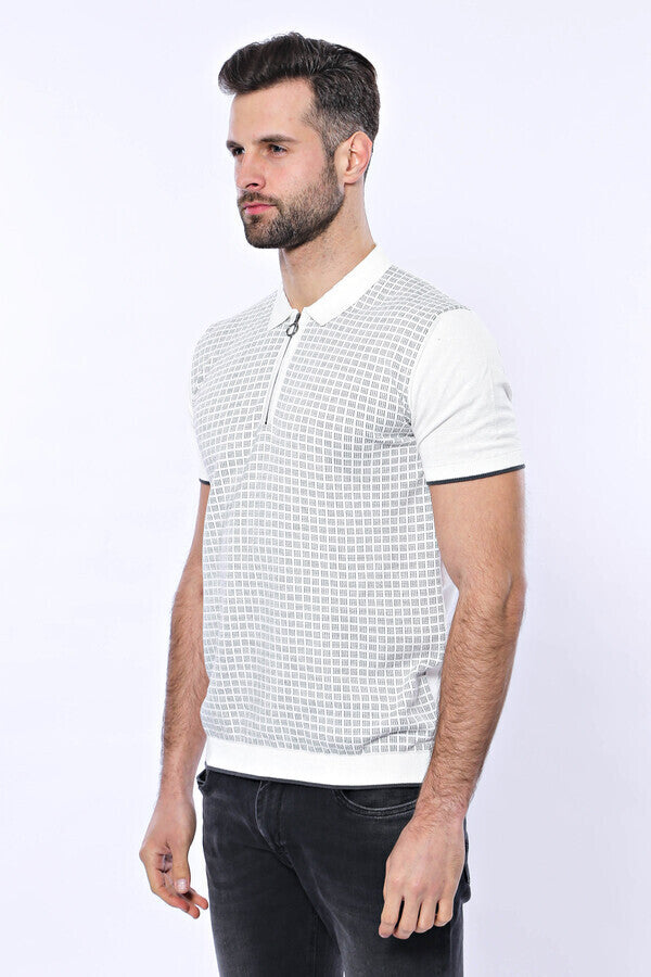Light Grey Plaid Zippered Knitted Polo T-Shirt