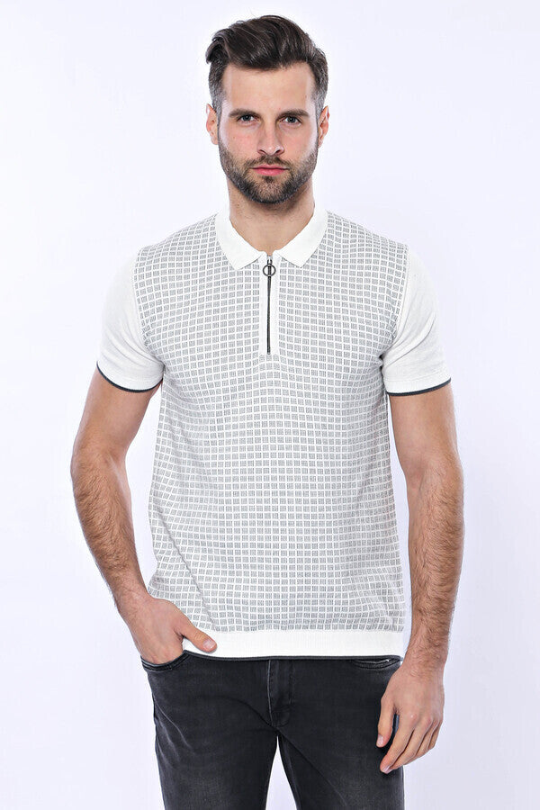 Light Grey Plaid Zippered Knitted Polo T-Shirt